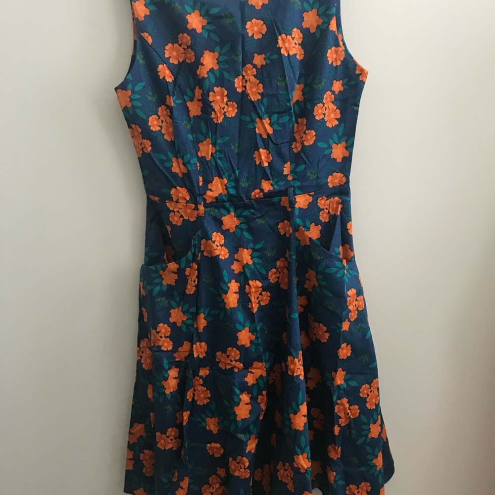 Modcloth Navy and Orange Floral Swing Dress